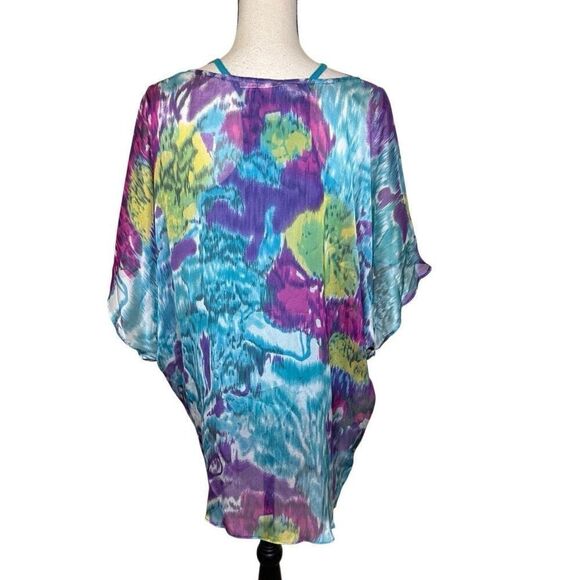 Gibson Teal Tank With Watercolor Silk Overlay Top Sz S - Picture 5 of 15